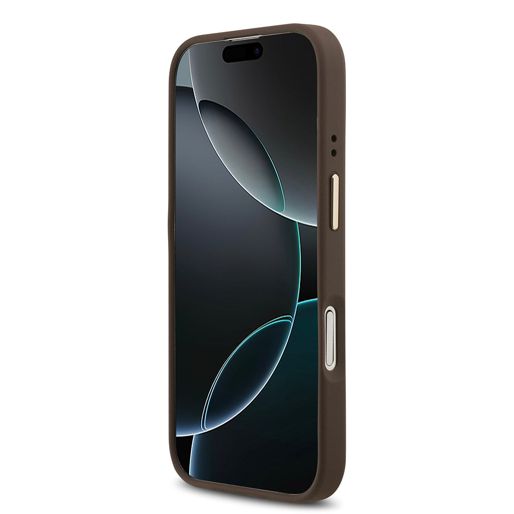 Apple iPhone 17 Kılıf Guess Orjinal Lisanslı M-safe Şarj Özellikli Gold Metal Kamera Çerçeveli Taşlı 4G Logolu Kapak Kahverengi