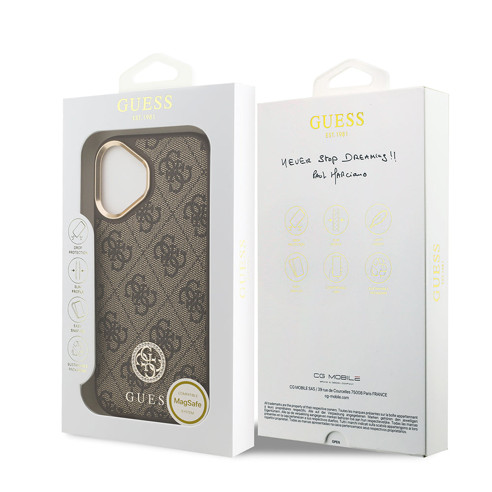 Apple iPhone 17 Kılıf Guess Orjinal Lisanslı M-safe Şarj Özellikli Gold Metal Kamera Çerçeveli Taşlı 4G Logolu Kapak Kahverengi