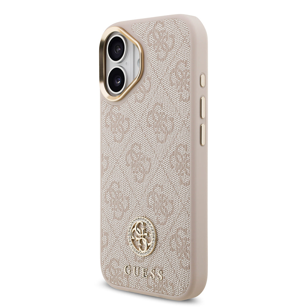 Apple iPhone 17 Kılıf Guess Orjinal Lisanslı M-safe Şarj Özellikli Gold Metal Kamera Çerçeveli Taşlı 4G Logolu Kapak  Pembe