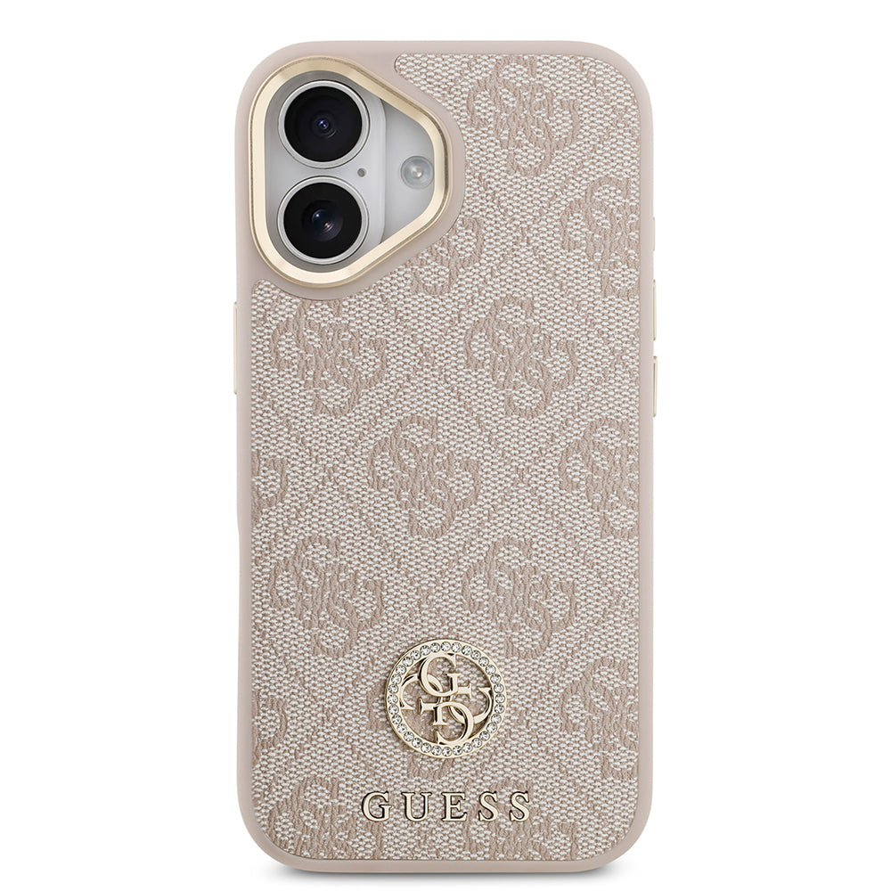Apple iPhone 17 Kılıf Guess Orjinal Lisanslı M-safe Şarj Özellikli Gold Metal Kamera Çerçeveli Taşlı 4G Logolu Kapak  Pembe
