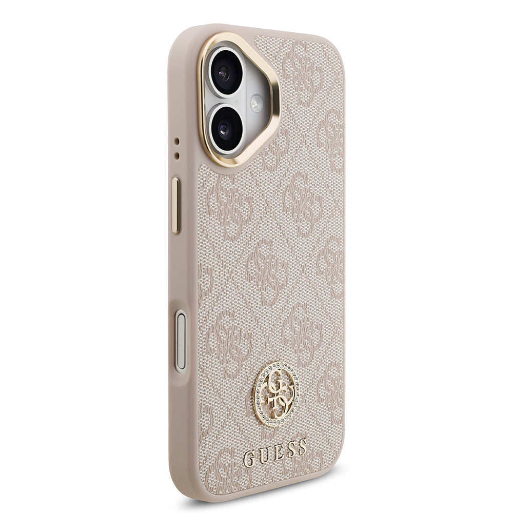 Apple iPhone 17 Kılıf Guess Orjinal Lisanslı M-safe Şarj Özellikli Gold Metal Kamera Çerçeveli Taşlı 4G Logolu Kapak  Pembe