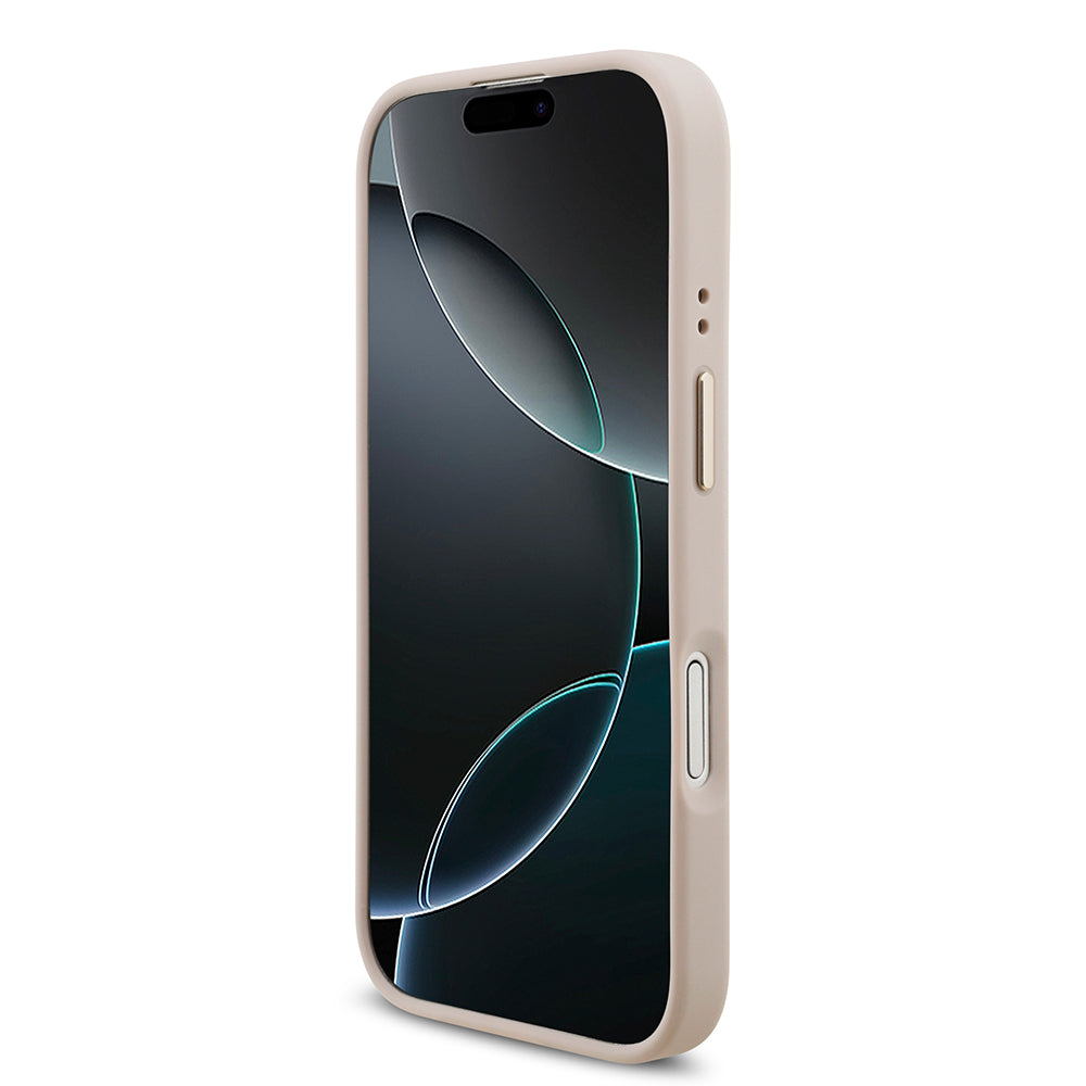 Apple iPhone 17 Kılıf Guess Orjinal Lisanslı M-safe Şarj Özellikli Gold Metal Kamera Çerçeveli Taşlı 4G Logolu Kapak  Pembe