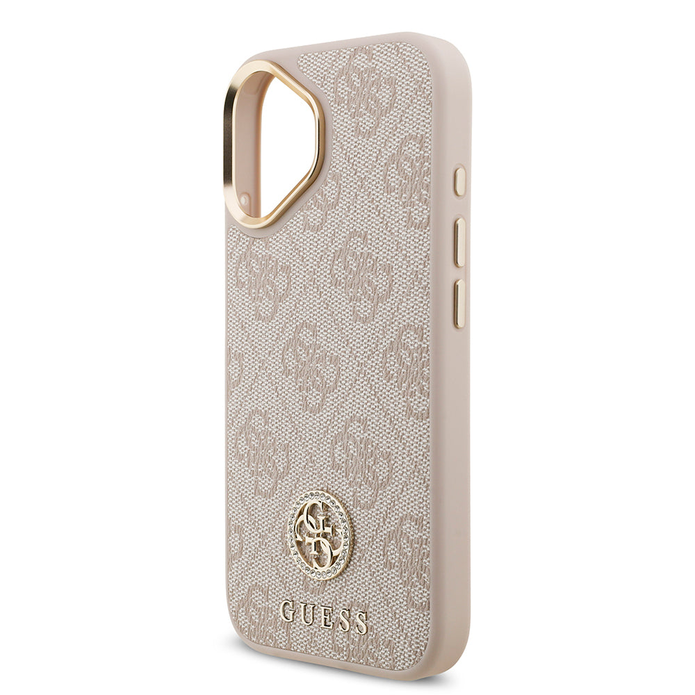 Apple iPhone 17 Kılıf Guess Orjinal Lisanslı M-safe Şarj Özellikli Gold Metal Kamera Çerçeveli Taşlı 4G Logolu Kapak  Pembe