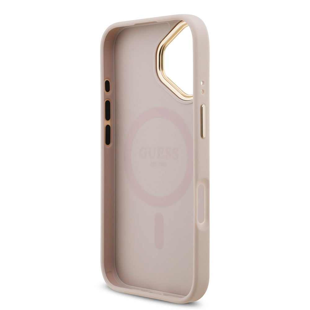 Apple iPhone 17 Kılıf Guess Orjinal Lisanslı M-safe Şarj Özellikli Gold Metal Kamera Çerçeveli Taşlı 4G Logolu Kapak  Pembe