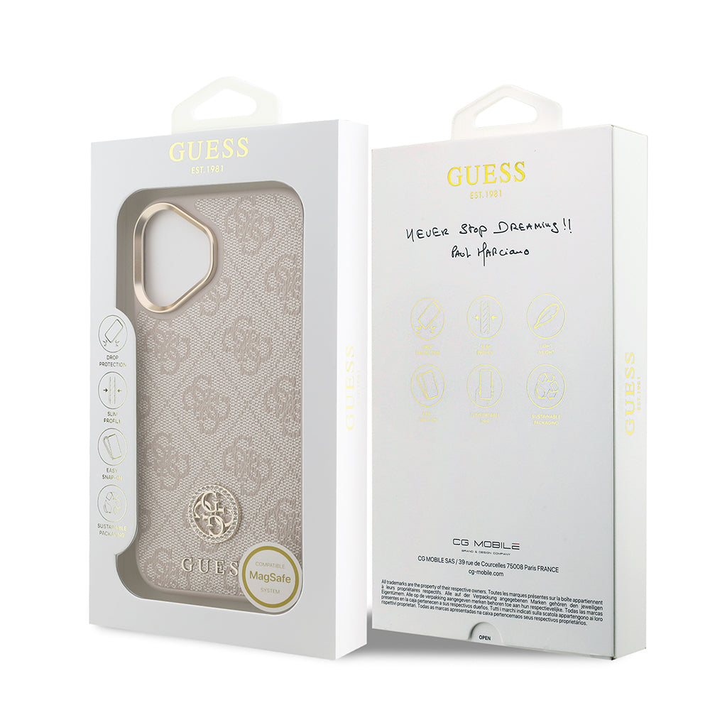 Apple iPhone 17 Kılıf Guess Orjinal Lisanslı M-safe Şarj Özellikli Gold Metal Kamera Çerçeveli Taşlı 4G Logolu Kapak  Pembe