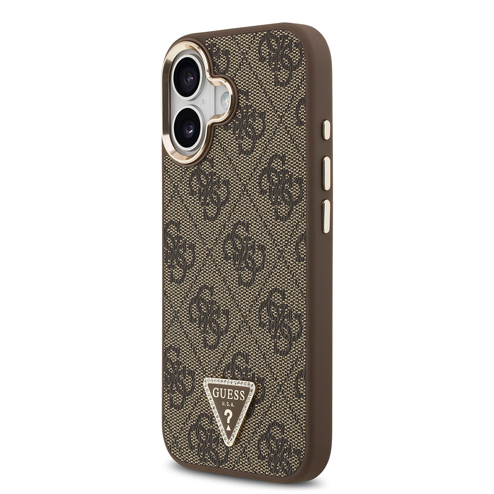 Apple iPhone 17 Kılıf Guess Orjinal Lisanslı M-safe Şarj Özellikli Gold Metal Kamera Çerçeveli Taşlı Üçgen Logo 4G Desenli Kapak Kahverengi