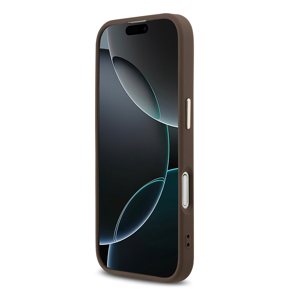 Apple iPhone 17 Kılıf Guess Orjinal Lisanslı M-safe Şarj Özellikli Gold Metal Kamera Çerçeveli Taşlı Üçgen Logo 4G Desenli Kapak Kahverengi