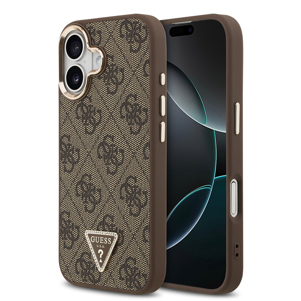 Apple iPhone 17 Kılıf Guess Orjinal Lisanslı M-safe Şarj Özellikli Gold Metal Kamera Çerçeveli Taşlı Üçgen Logo 4G Desenli Kapak Kahverengi