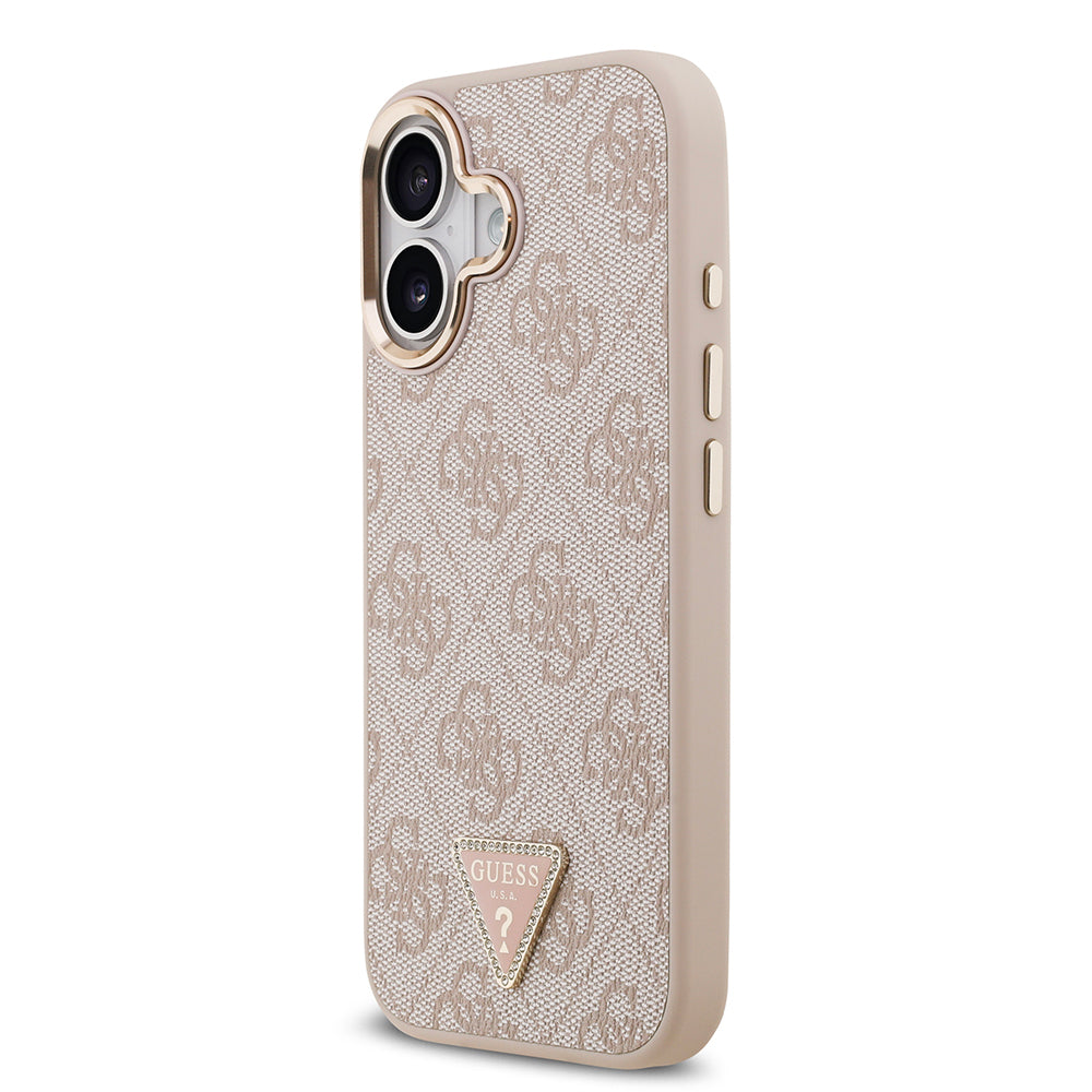 Apple iPhone 17 Kılıf Guess Orjinal Lisanslı M-safe Şarj Özellikli Gold Metal Kamera Çerçeveli Taşlı Üçgen Logo 4G Desenli Kapak Pembe