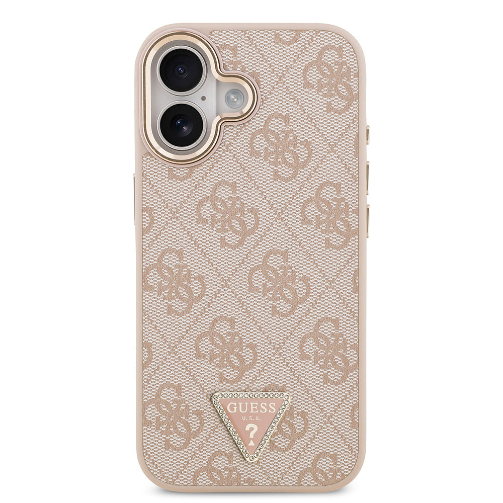Apple iPhone 17 Kılıf Guess Orjinal Lisanslı M-safe Şarj Özellikli Gold Metal Kamera Çerçeveli Taşlı Üçgen Logo 4G Desenli Kapak Pembe