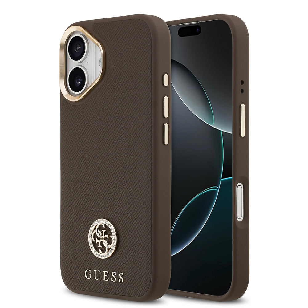 Apple iPhone 17 Kılıf Guess Orjinal Lisanslı M-safe Şarj Özellikli Grained Yazı ve Taşlı 4G Logolu Kapak Kahverengi