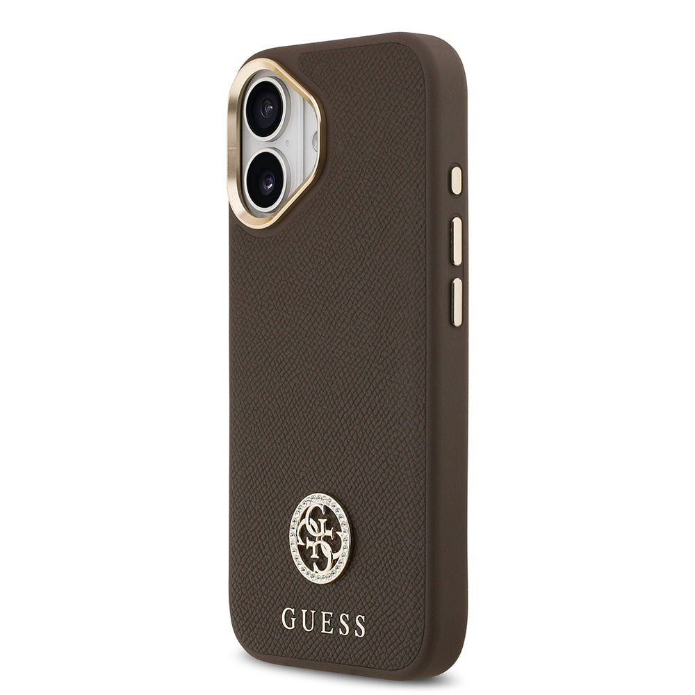 Apple iPhone 17 Kılıf Guess Orjinal Lisanslı M-safe Şarj Özellikli Grained Yazı ve Taşlı 4G Logolu Kapak Kahverengi