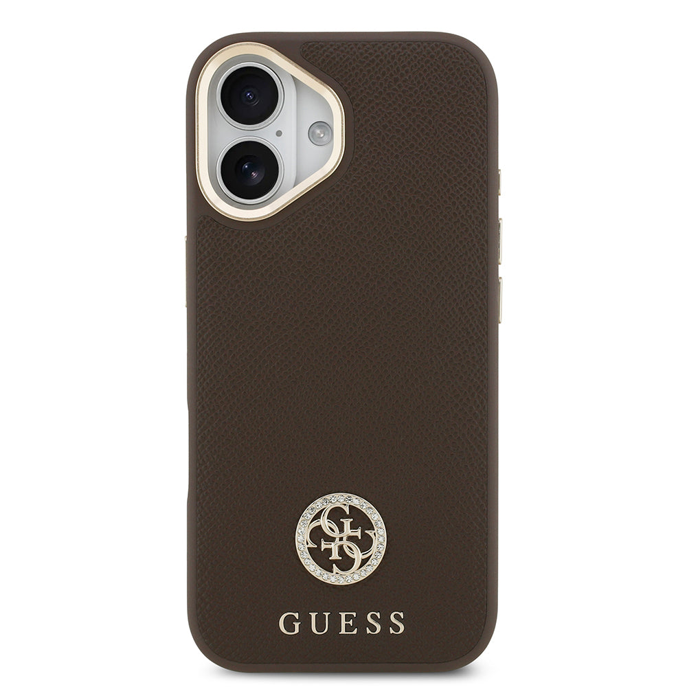 Apple iPhone 17 Kılıf Guess Orjinal Lisanslı M-safe Şarj Özellikli Grained Yazı ve Taşlı 4G Logolu Kapak Kahverengi