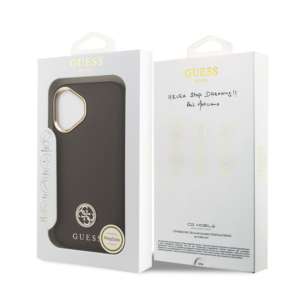 Apple iPhone 17 Kılıf Guess Orjinal Lisanslı M-safe Şarj Özellikli Grained Yazı ve Taşlı 4G Logolu Kapak Kahverengi