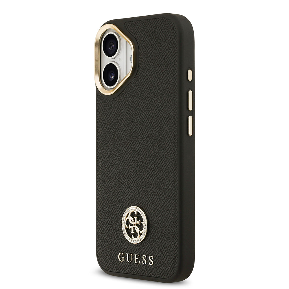 Apple iPhone 17 Kılıf Guess Orjinal Lisanslı M-safe Şarj Özellikli Grained Yazı ve Taşlı 4G Logolu Kapak Siyah