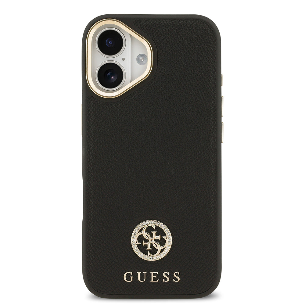 Apple iPhone 17 Kılıf Guess Orjinal Lisanslı M-safe Şarj Özellikli Grained Yazı ve Taşlı 4G Logolu Kapak Siyah