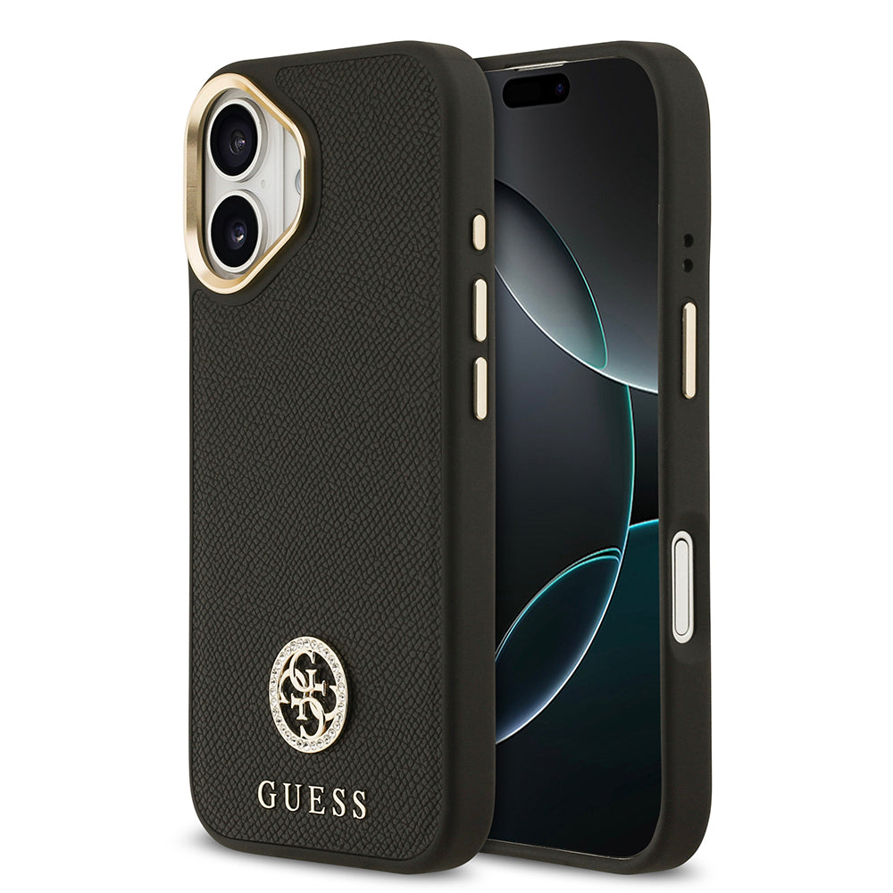 Apple iPhone 17 Kılıf Guess Orjinal Lisanslı M-safe Şarj Özellikli Grained Yazı ve Taşlı 4G Logolu Kapak Siyah