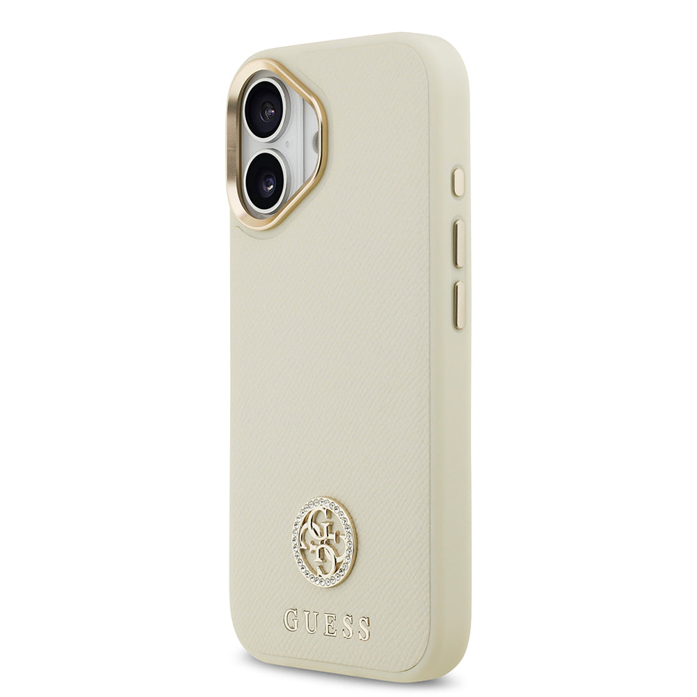Apple iPhone 17 Kılıf Guess Orjinal Lisanslı M-safe Şarj Özellikli Grained Yazı ve Taşlı 4G Logolu Kapak Bej