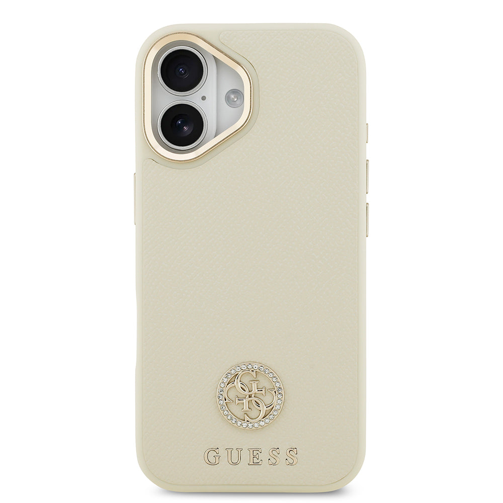 Apple iPhone 17 Kılıf Guess Orjinal Lisanslı M-safe Şarj Özellikli Grained Yazı ve Taşlı 4G Logolu Kapak Bej