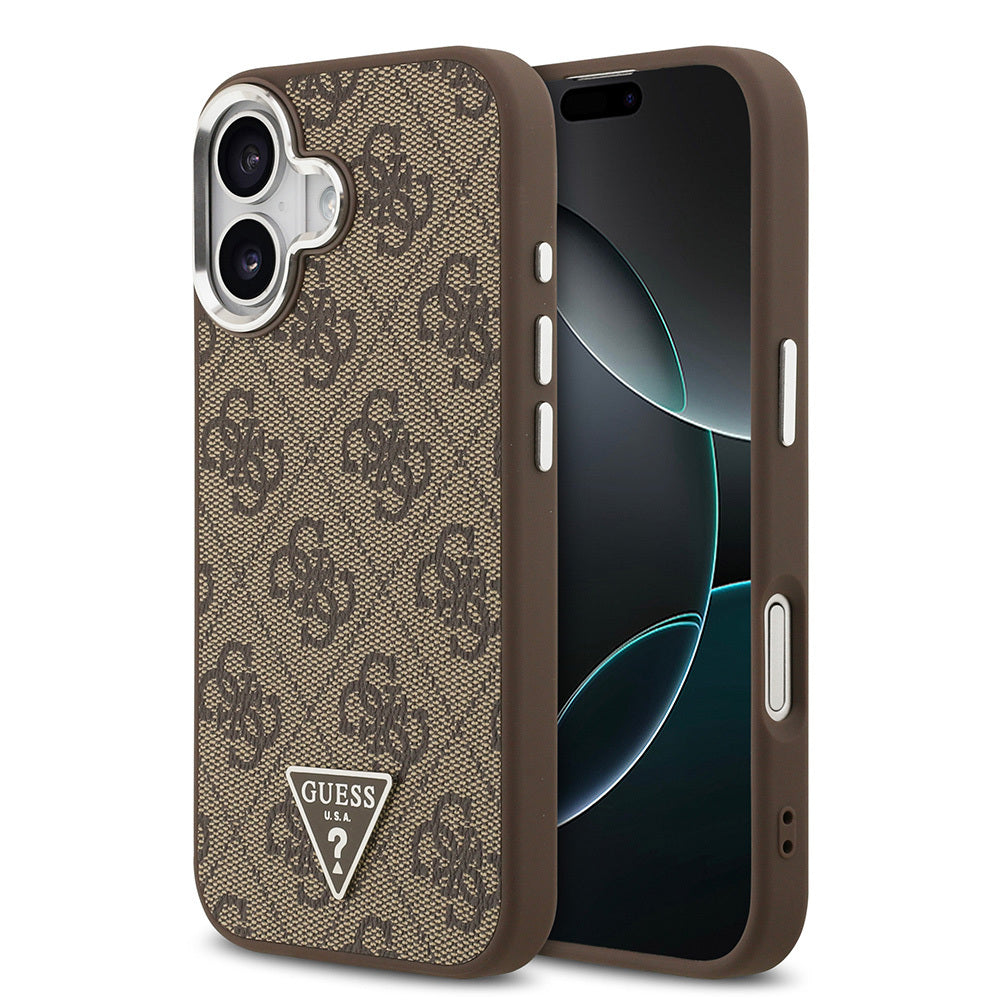 Apple iPhone 17 Kılıf Guess Orjinal Lisanslı M-safe Şarj Özellikli Gümüş Metal Kamera Çerçeveli Üçgen Logo 4G Desenli Kapak Kahverengi