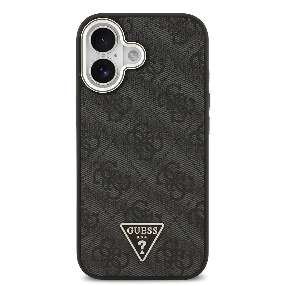 Apple iPhone 17 Kılıf Guess Orjinal Lisanslı M-safe Şarj Özellikli Gümüş Metal Kamera Çerçeveli Üçgen Logo 4G Desenli Kapak Kahverengi