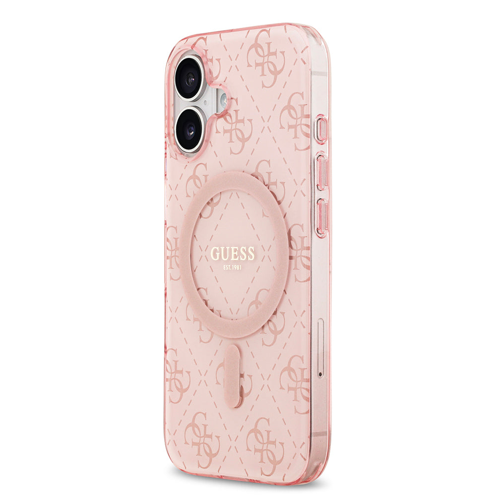 Apple iPhone 17 Kılıf Guess Orjinal Lisanslı M-safe Şarj Özellikli IML Baskılı Klasik Logolu 4G Desenli Kapak Pembe
