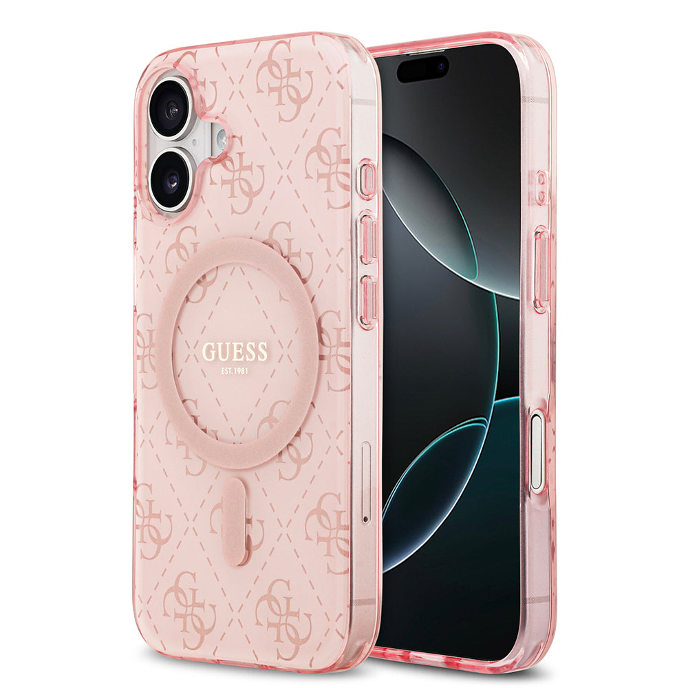 Apple iPhone 17 Kılıf Guess Orjinal Lisanslı M-safe Şarj Özellikli IML Baskılı Klasik Logolu 4G Desenli Kapak Pembe