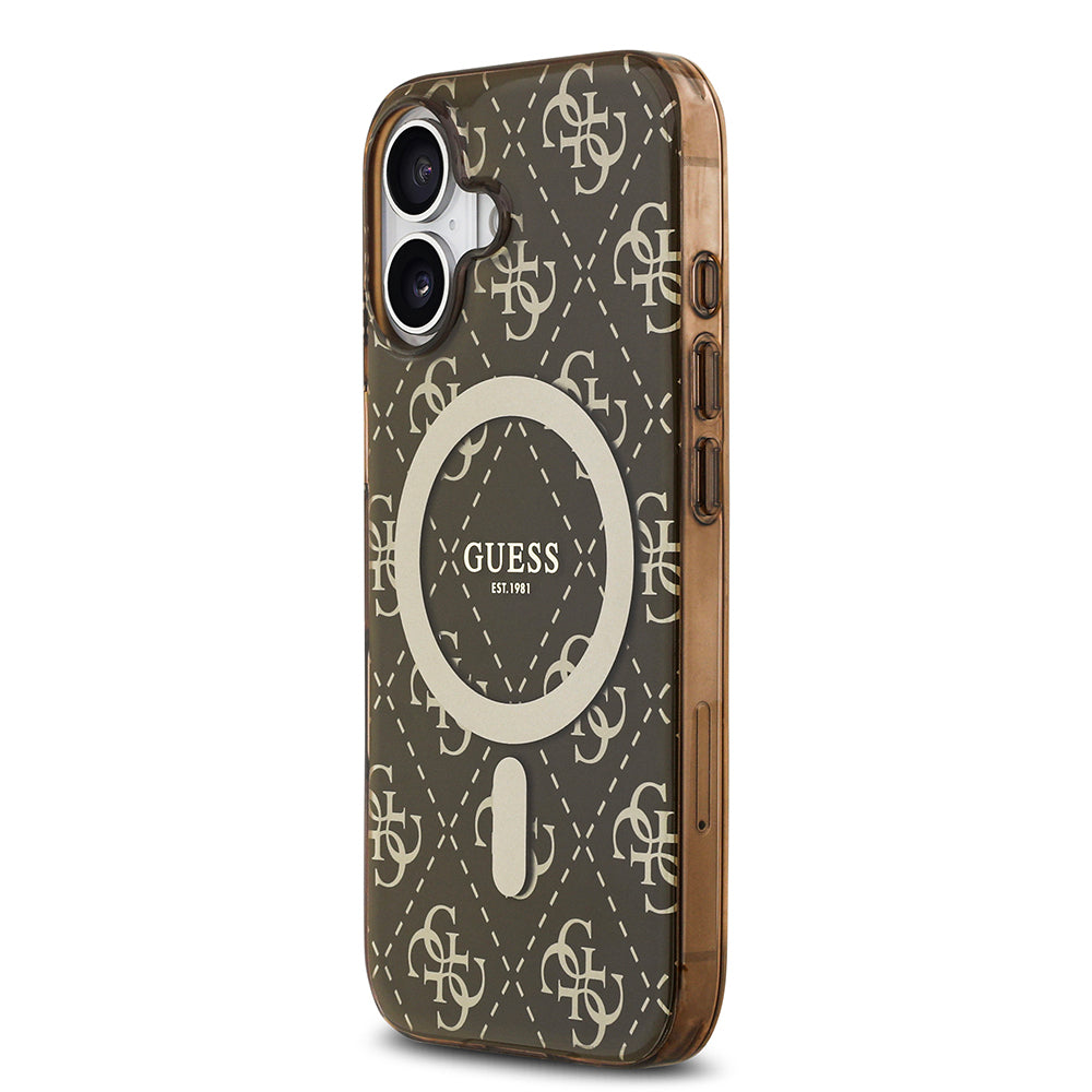 Apple iPhone 17 Kılıf Guess Orjinal Lisanslı M-safe Şarj Özellikli IML Baskılı Klasik Logolu 4G Desenli Kapak Kahverengi