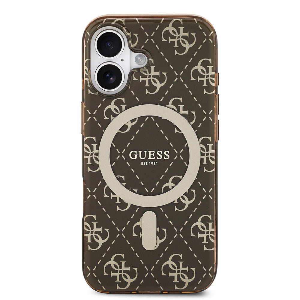 Apple iPhone 17 Kılıf Guess Orjinal Lisanslı M-safe Şarj Özellikli IML Baskılı Klasik Logolu 4G Desenli Kapak Kahverengi