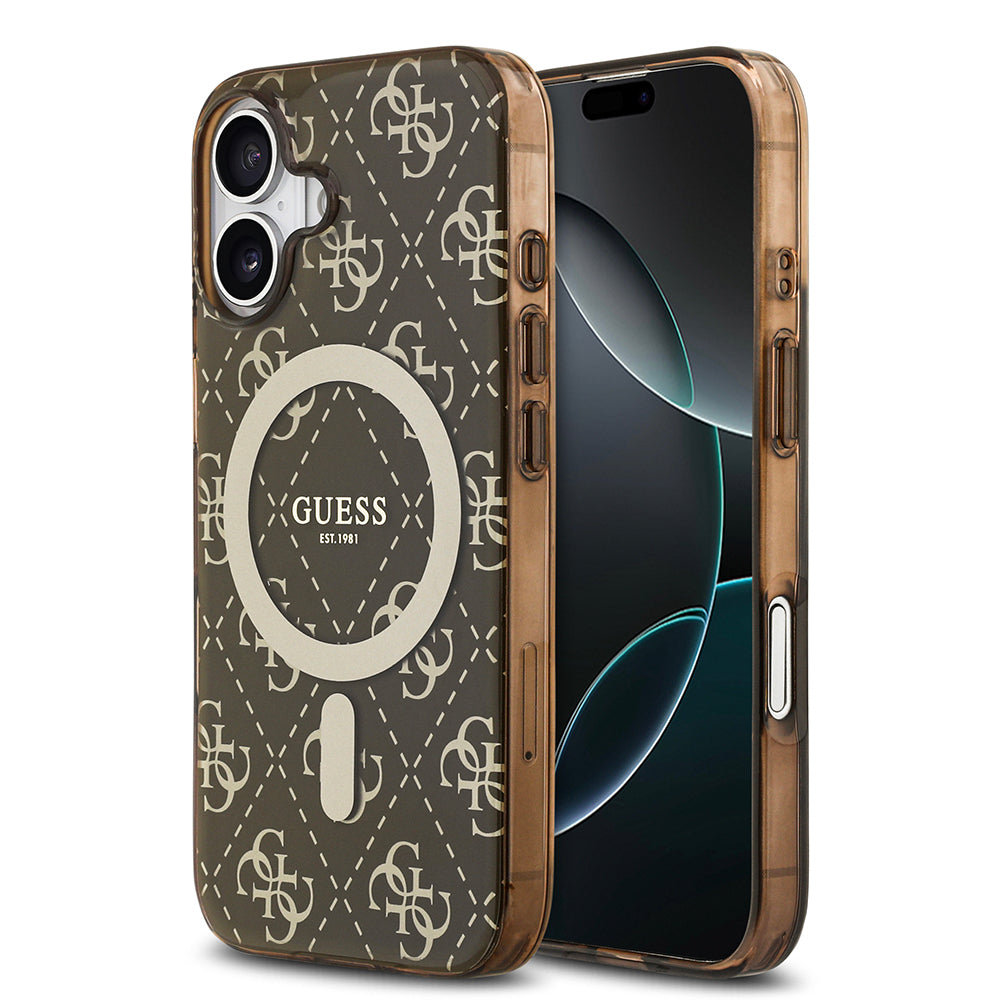 Apple iPhone 17 Kılıf Guess Orjinal Lisanslı M-safe Şarj Özellikli IML Baskılı Klasik Logolu 4G Desenli Kapak Kahverengi