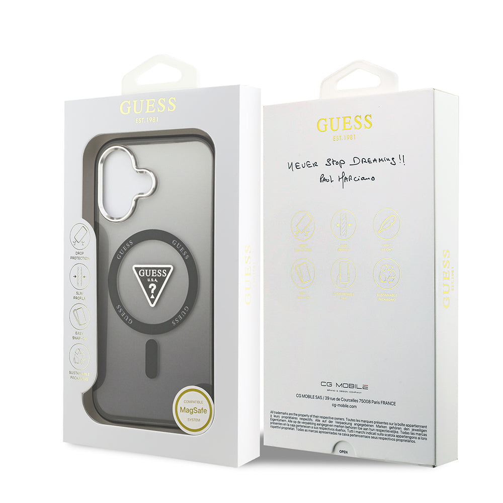 Apple iPhone 17 Kılıf Guess Orjinal Lisanslı M-safe Şarj Özellikli IML Baskılı Üçgen Logolu Metal Kamera Çerçeveli Kapak Siyah
