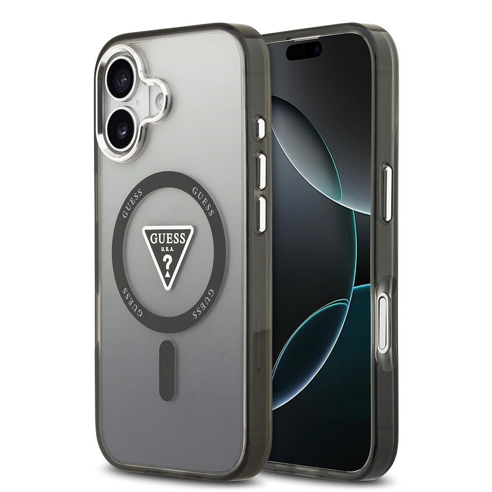 Apple iPhone 17 Kılıf Guess Orjinal Lisanslı M-safe Şarj Özellikli IML Baskılı Üçgen Logolu Metal Kamera Çerçeveli Kapak Siyah
