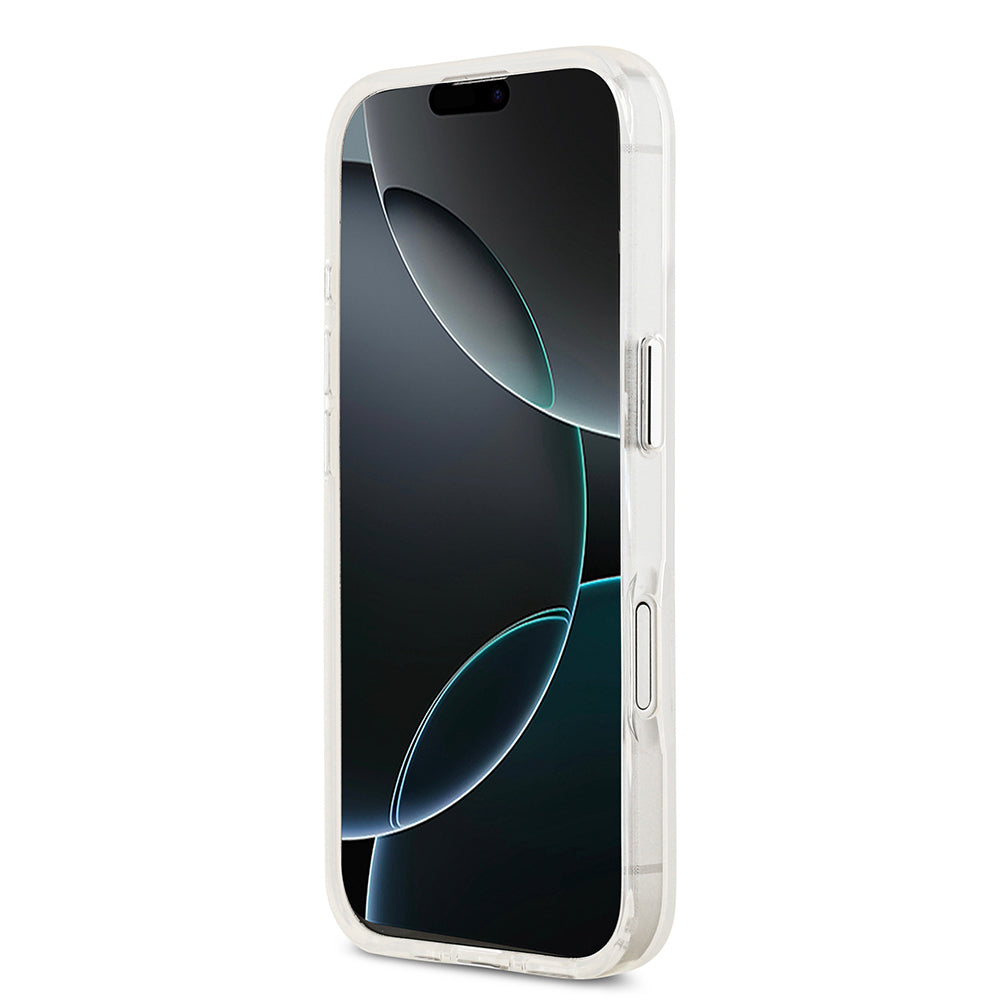 Apple iPhone 17 Kılıf Guess Orjinal Lisanslı M-safe Şarj Özellikli IML Baskılı Üçgen Logolu Metal Kamera Çerçeveli Kapak Şeffaf