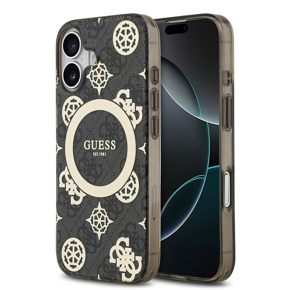 Apple iPhone 17 Kılıf Guess Orjinal Lisanslı M-safe Şarj Özellikli IML Peony ve 4G Desenli Klasik Logolu Kapak Siyah
