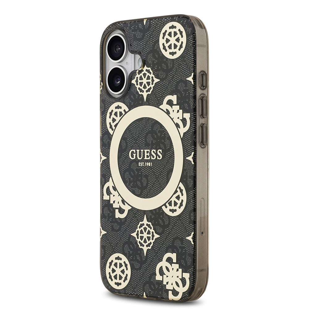 Apple iPhone 17 Kılıf Guess Orjinal Lisanslı M-safe Şarj Özellikli IML Peony ve 4G Desenli Klasik Logolu Kapak Siyah