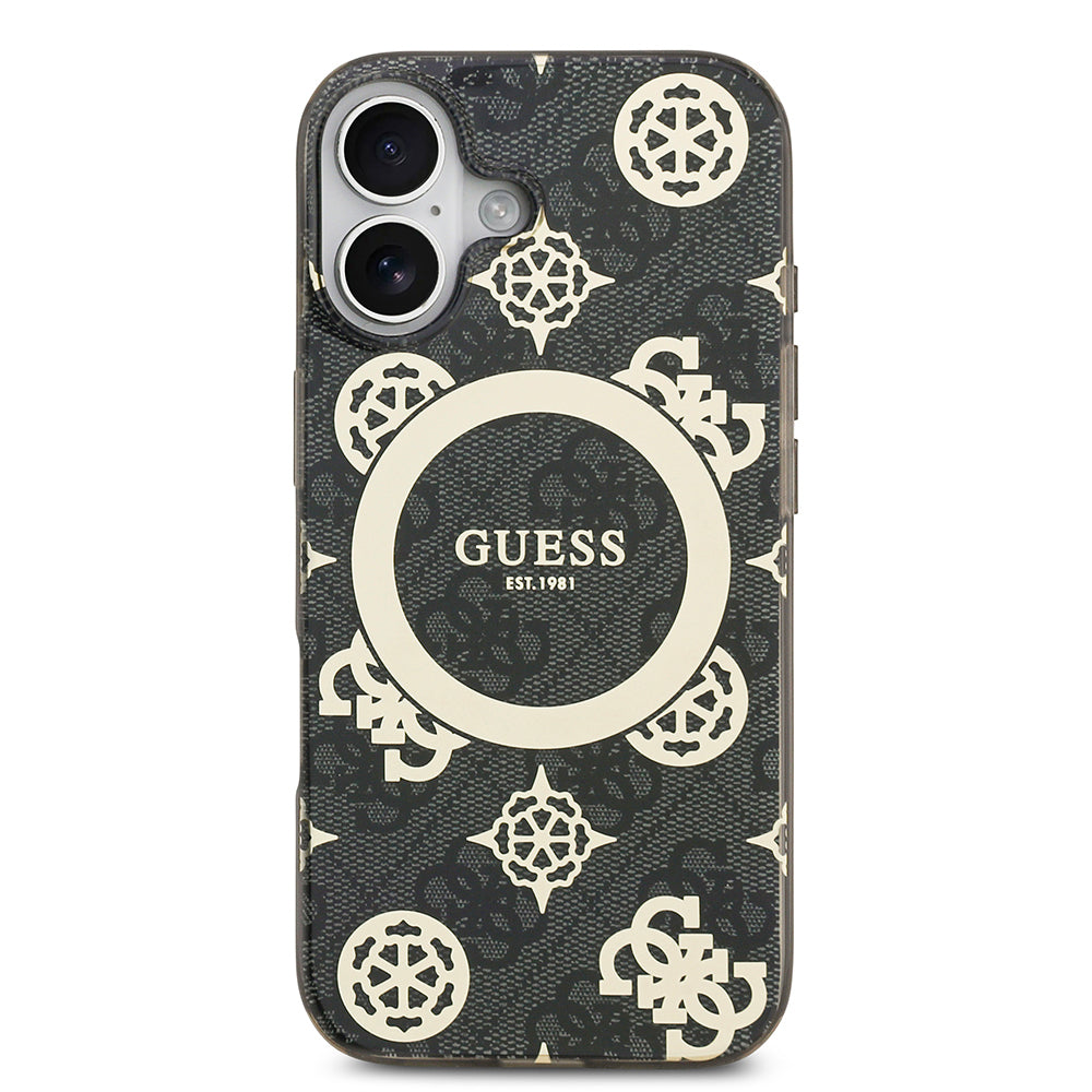 Apple iPhone 17 Kılıf Guess Orjinal Lisanslı M-safe Şarj Özellikli IML Peony ve 4G Desenli Klasik Logolu Kapak Siyah