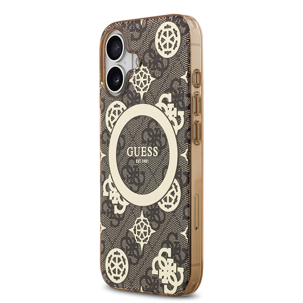 Apple iPhone 17 Kılıf Guess Orjinal Lisanslı M-safe Şarj Özellikli IML Peony ve 4G Desenli Klasik Logolu Kapak Kahverengi