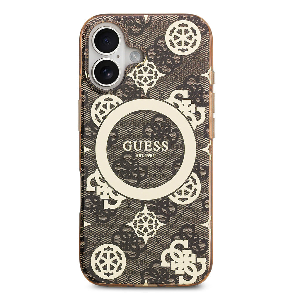 Apple iPhone 17 Kılıf Guess Orjinal Lisanslı M-safe Şarj Özellikli IML Peony ve 4G Desenli Klasik Logolu Kapak Kahverengi