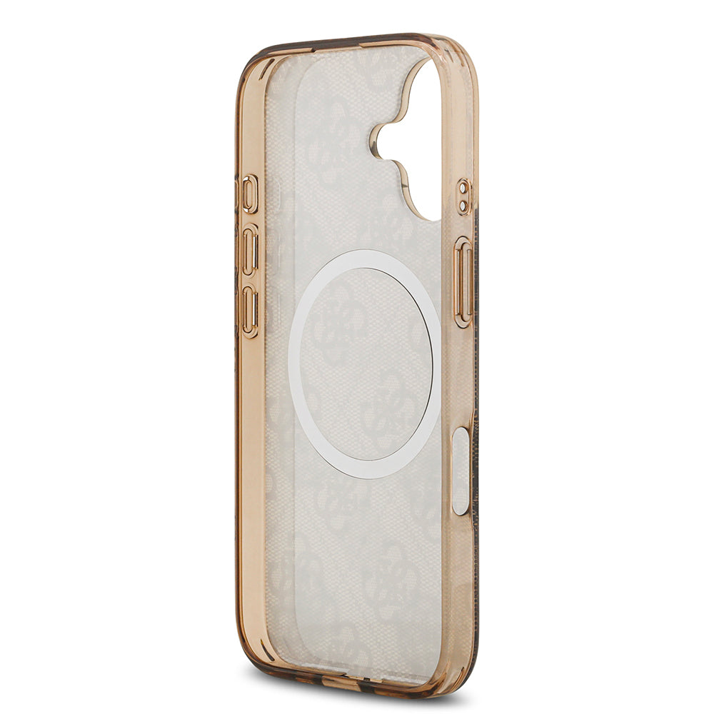 Apple iPhone 17 Kılıf Guess Orjinal Lisanslı M-safe Şarj Özellikli IML Peony ve 4G Desenli Klasik Logolu Kapak Kahverengi