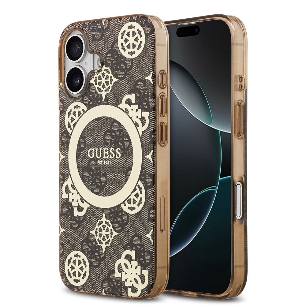 Apple iPhone 17 Kılıf Guess Orjinal Lisanslı M-safe Şarj Özellikli IML Peony ve 4G Desenli Klasik Logolu Kapak Kahverengi