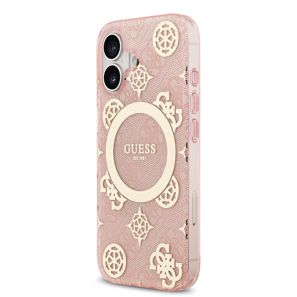 Apple iPhone 17 Kılıf Guess Orjinal Lisanslı M-safe Şarj Özellikli IML Peony ve 4G Desenli Klasik Logolu Kapak Pembe