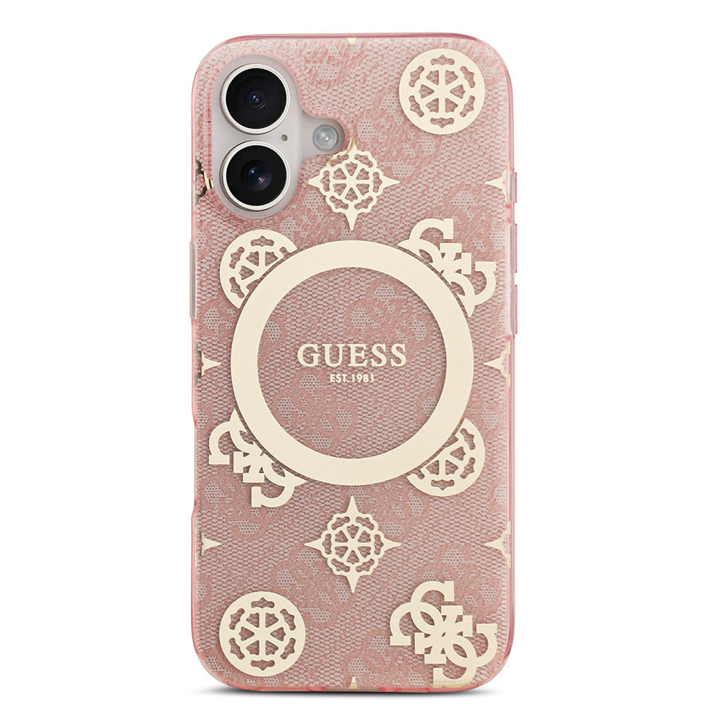 Apple iPhone 17 Kılıf Guess Orjinal Lisanslı M-safe Şarj Özellikli IML Peony ve 4G Desenli Klasik Logolu Kapak Pembe