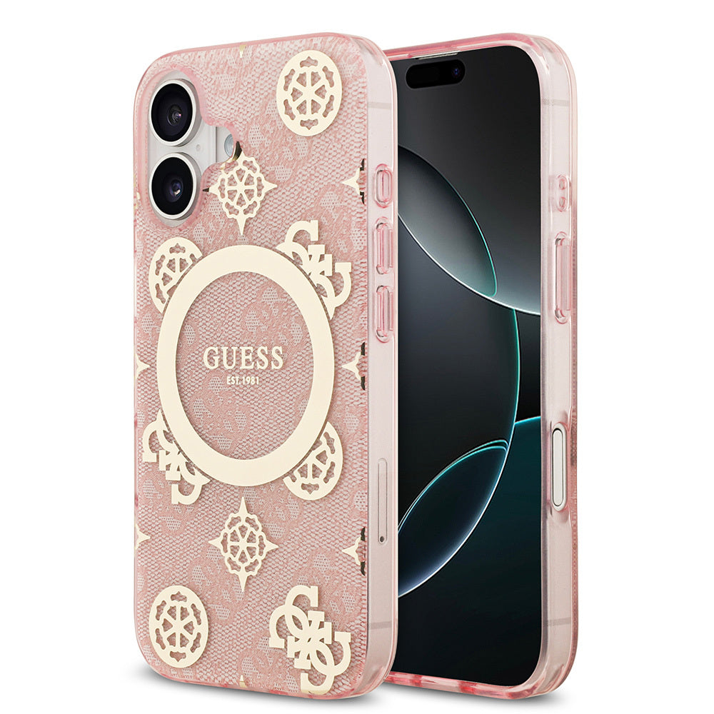 Apple iPhone 17 Kılıf Guess Orjinal Lisanslı M-safe Şarj Özellikli IML Peony ve 4G Desenli Klasik Logolu Kapak Pembe