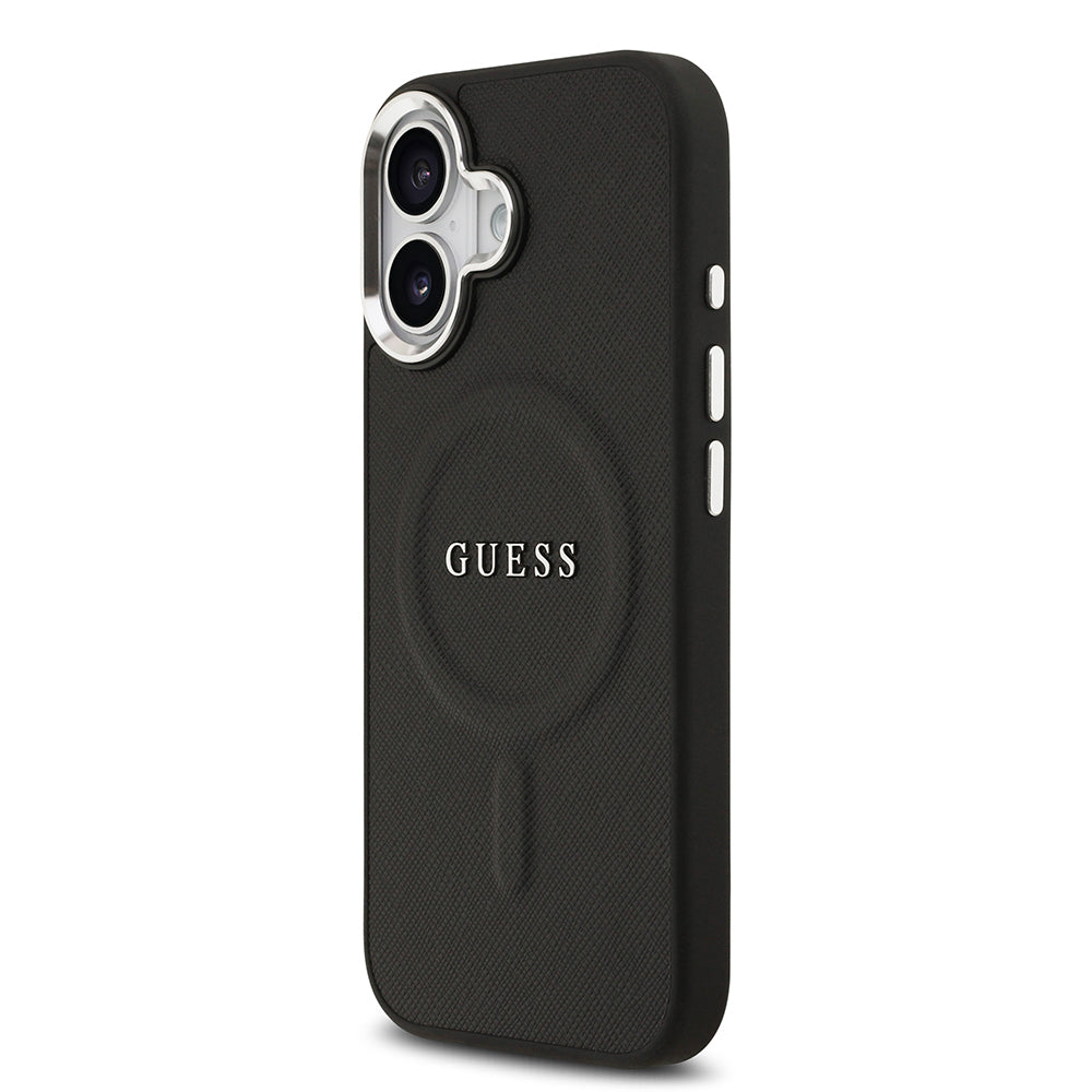 Apple iPhone 17 Kılıf Guess Orjinal Lisanslı M-safe Şarj Özellikli Klasik Yazı Logolu PU Deri Kapak Siyah