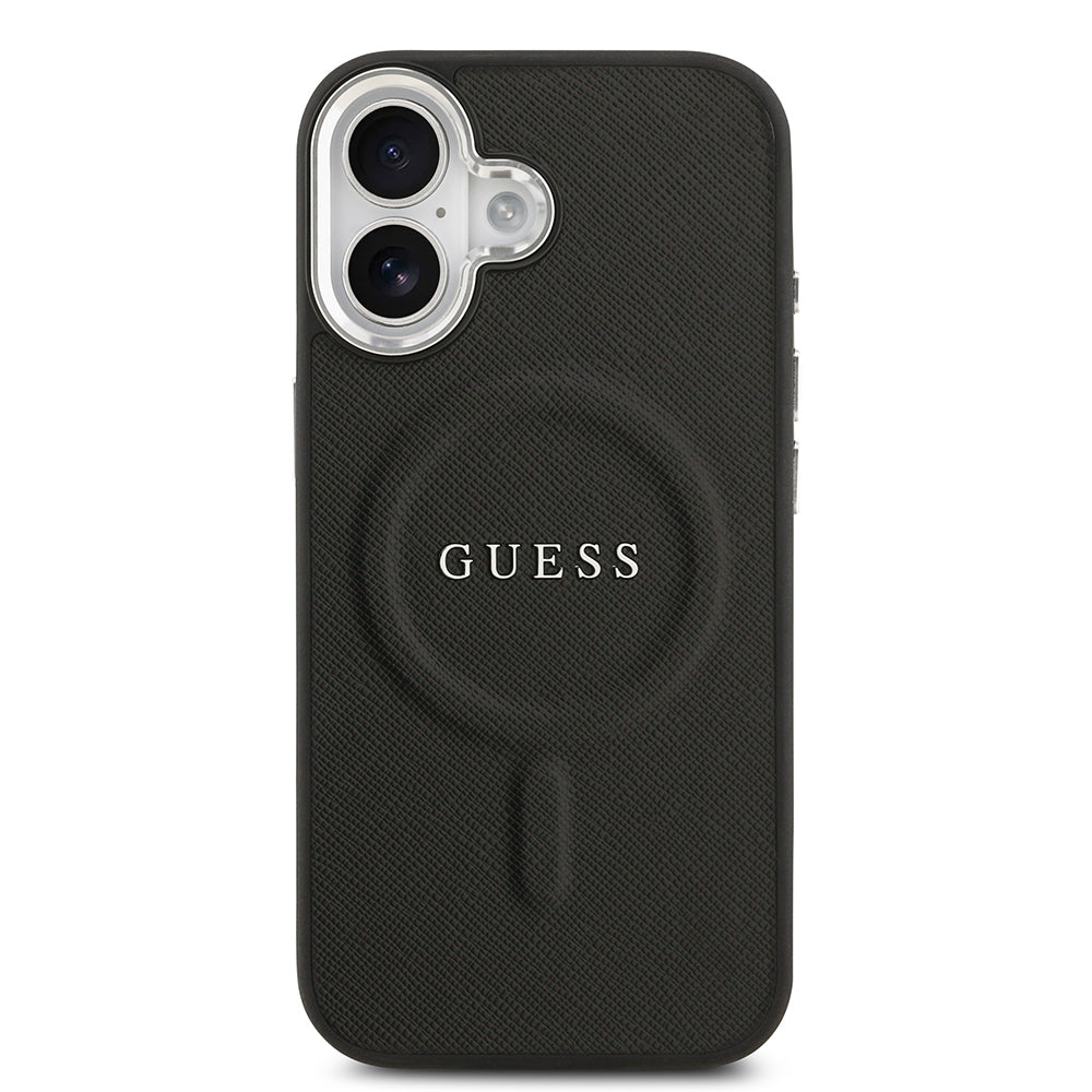 Apple iPhone 17 Kılıf Guess Orjinal Lisanslı M-safe Şarj Özellikli Klasik Yazı Logolu PU Deri Kapak Siyah