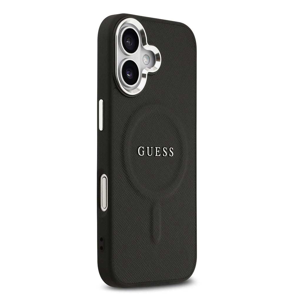 Apple iPhone 17 Kılıf Guess Orjinal Lisanslı M-safe Şarj Özellikli Klasik Yazı Logolu PU Deri Kapak Siyah
