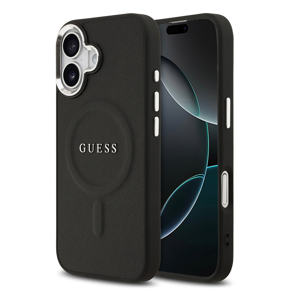 Apple iPhone 17 Kılıf Guess Orjinal Lisanslı M-safe Şarj Özellikli Klasik Yazı Logolu PU Deri Kapak Siyah
