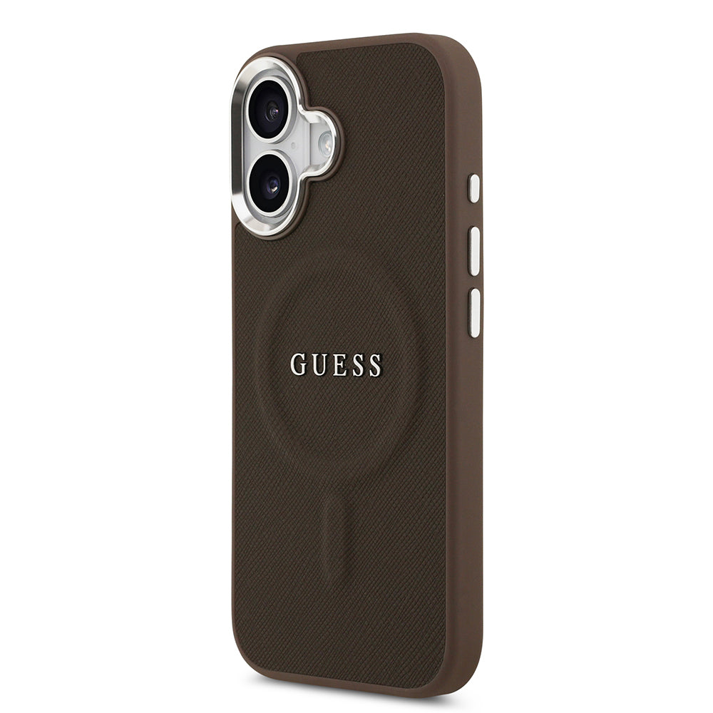Apple iPhone 17 Kılıf Guess Orjinal Lisanslı M-safe Şarj Özellikli Klasik Yazı Logolu PU Deri Kapak Kahverengi