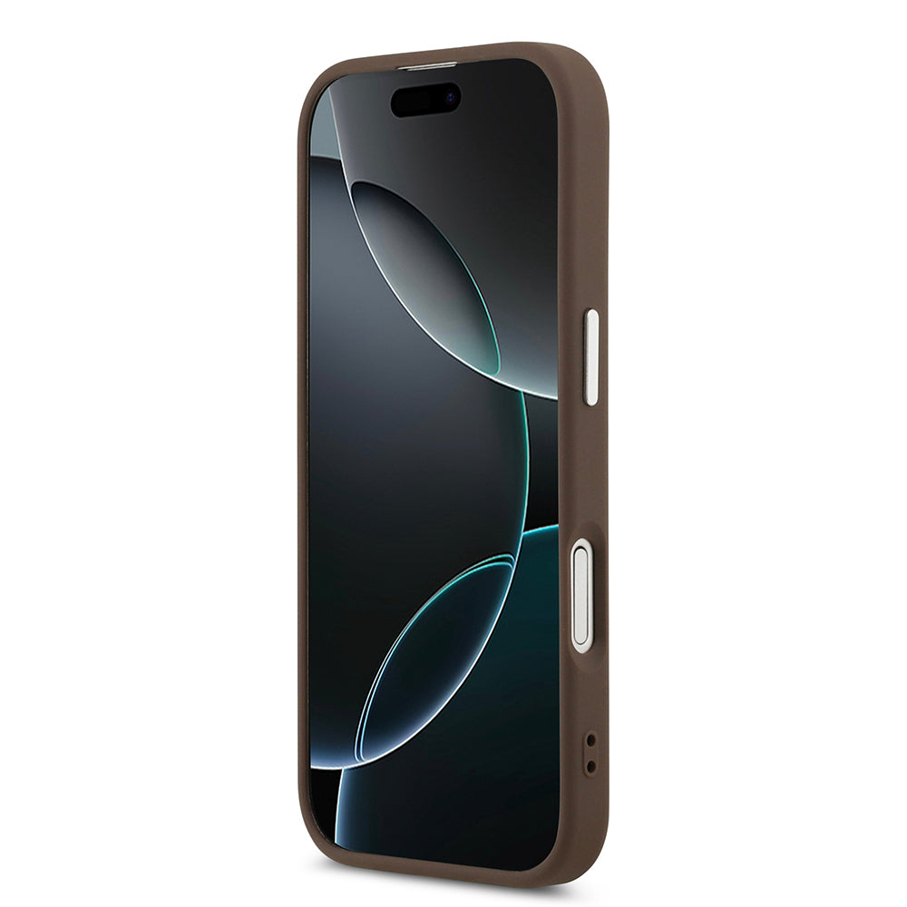 Apple iPhone 17 Kılıf Guess Orjinal Lisanslı M-safe Şarj Özellikli Klasik Yazı Logolu PU Deri Kapak Kahverengi