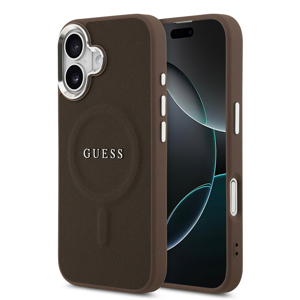 Apple iPhone 17 Kılıf Guess Orjinal Lisanslı M-safe Şarj Özellikli Klasik Yazı Logolu PU Deri Kapak Kahverengi